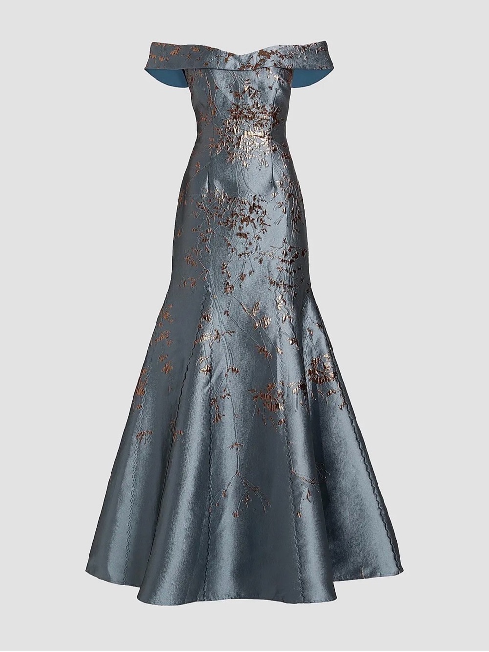 Rene Ruiz One-Shoulder Metallic Blue Gown with Pinkish Copper Floral Embroidery